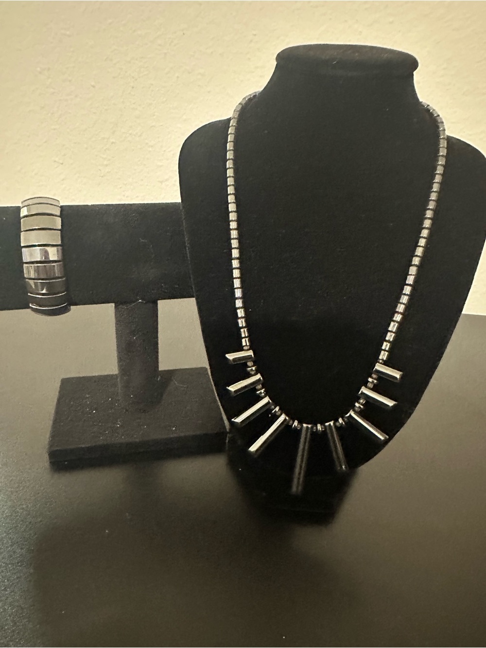 Black Hematite Spike Beaded Necklace and Bracelet Set